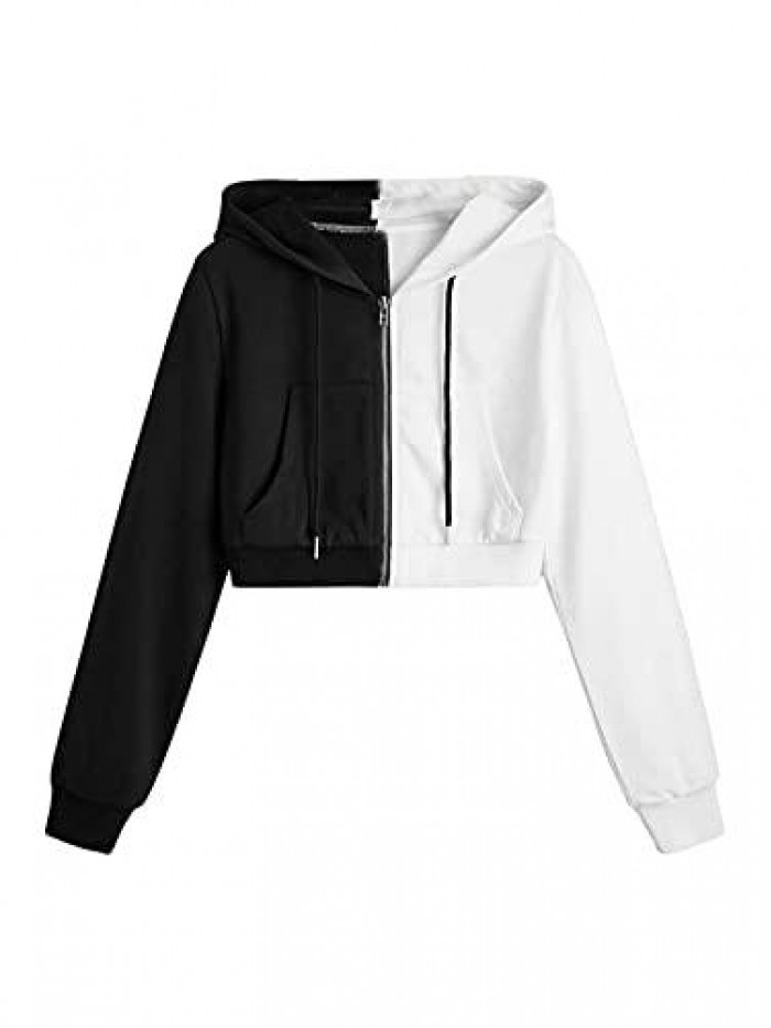 Women's Casual Full Zip Crop Top Hoodie Sweatshirt Jacket 