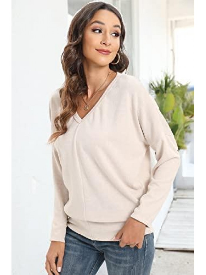 Loose Knit V Neck Lightweight Sweaters Warm Long Sleeve Casual Tops 