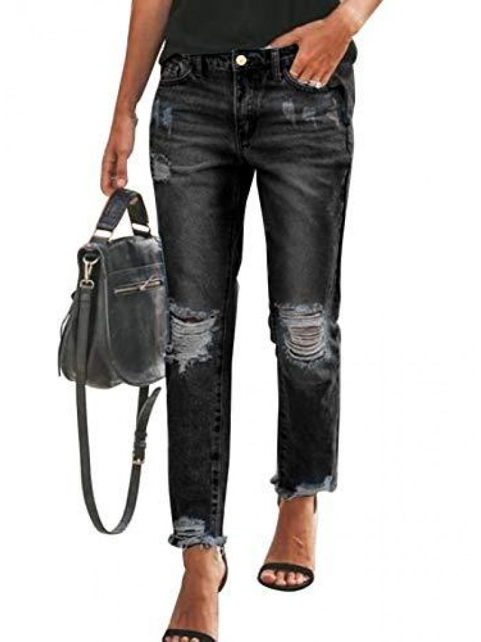 Women's Loose Boyfriend Jeans Stretchy Ripped Distressed Denim Pants S-2XL 