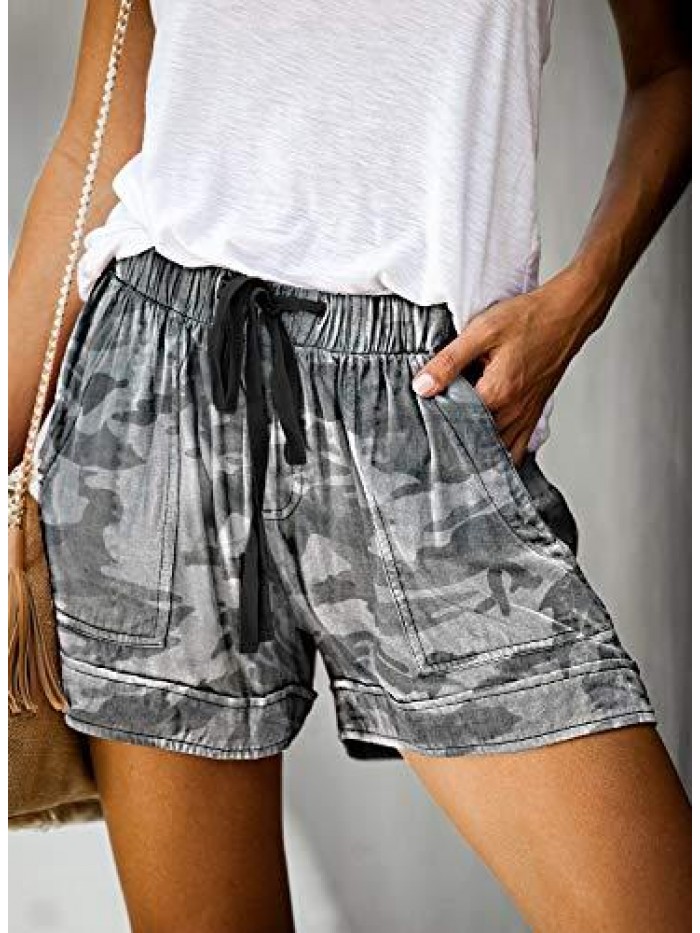 Women Comfy Drawstring Casual Elastic Waist Pocketed Shorts,S-3XL 