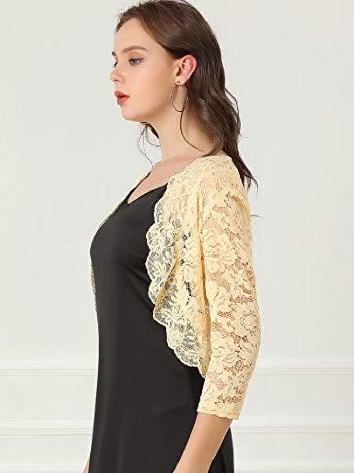 K Women's Elegant 3/4 Sleeve Sheer Floral Lace Shrug Top 