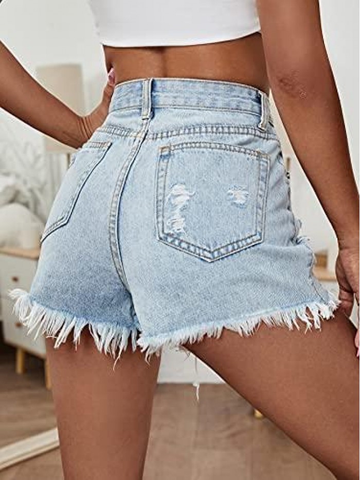 Women's Ripped Raw Hem High Waisted Distressed Denim Shorts 