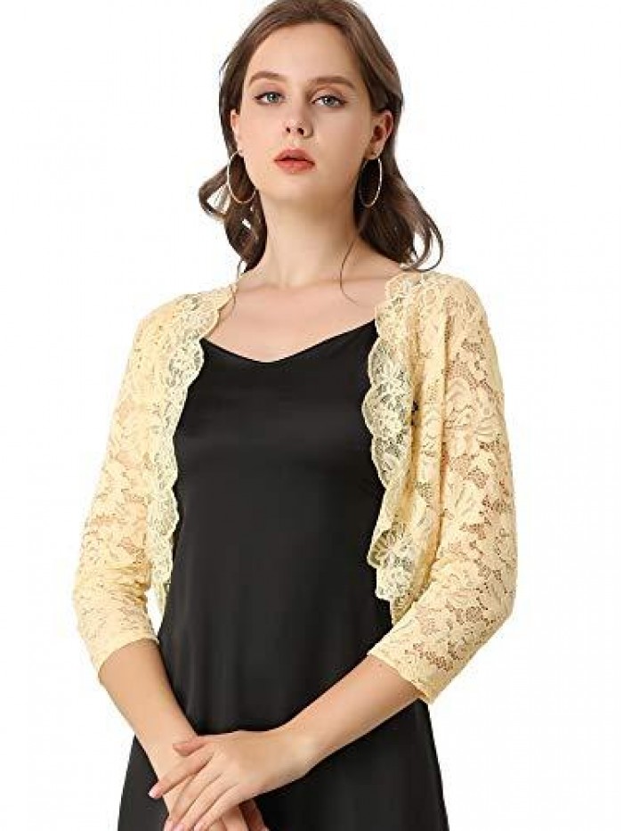 K Women's Elegant 3/4 Sleeve Sheer Floral Lace Shrug Top 