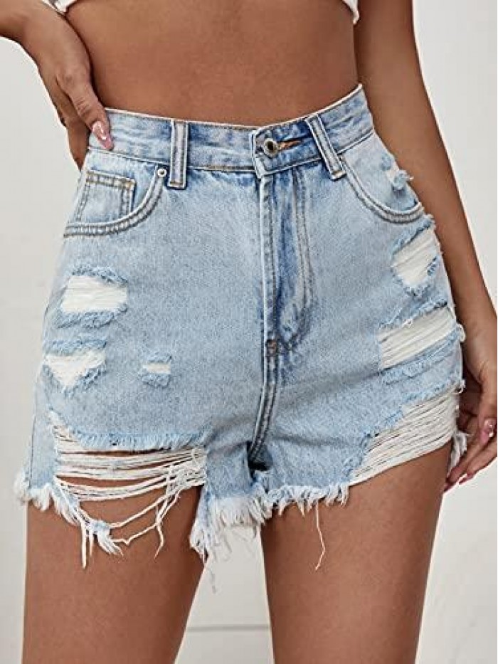 Women's Ripped Raw Hem High Waisted Distressed Denim Shorts 