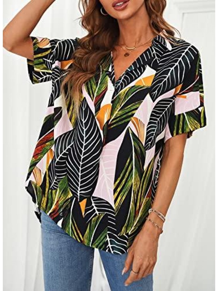 Women V Neck Vertical Stripes Shirt Loose Button Down Blouse Tops 