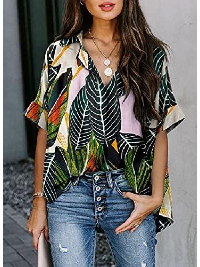 Women V Neck Vertical Stripes Shirt Loose Button Down Blouse Tops 