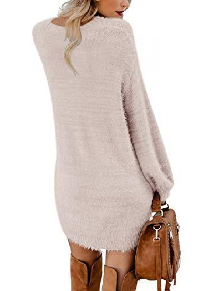 Women's Furry Crewneck Oversized Loose Long Pullover Sweater Dress 