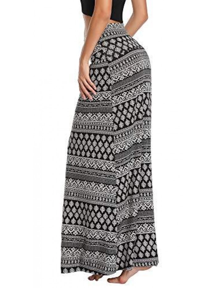 Women's Bohemian Style Print/Solid Elastic Waist Long Maxi Skirt 