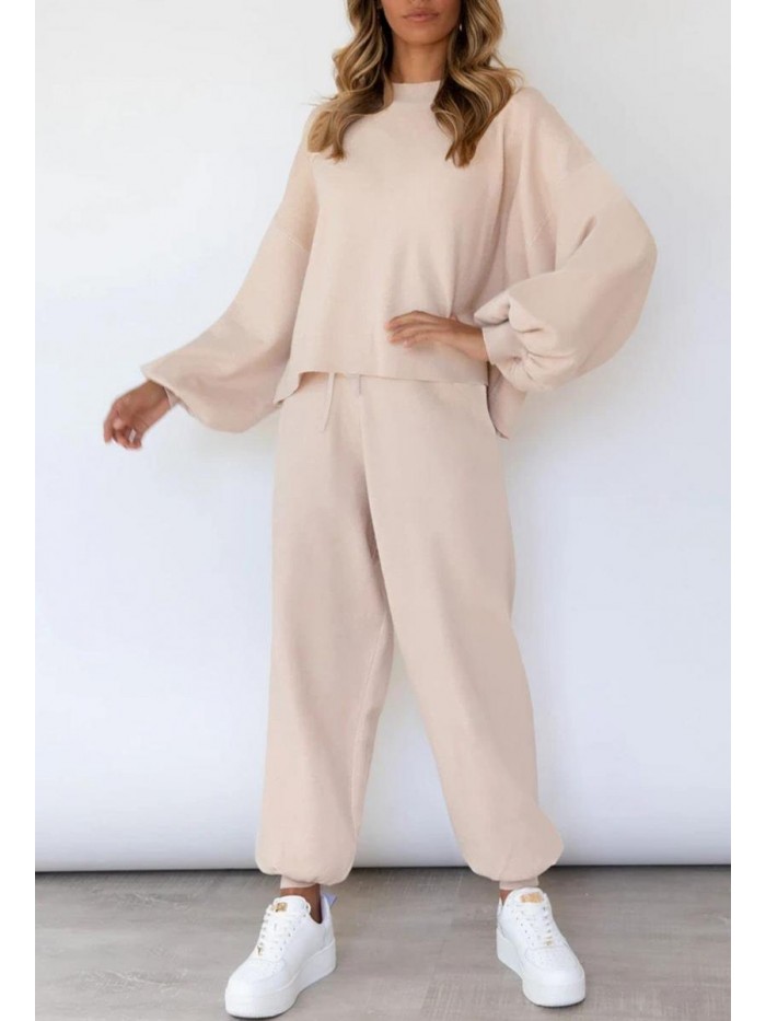 Women's 2 Piece Outfits Sweatsuit Casual Knit Pullover Sweater Pajamas Set 