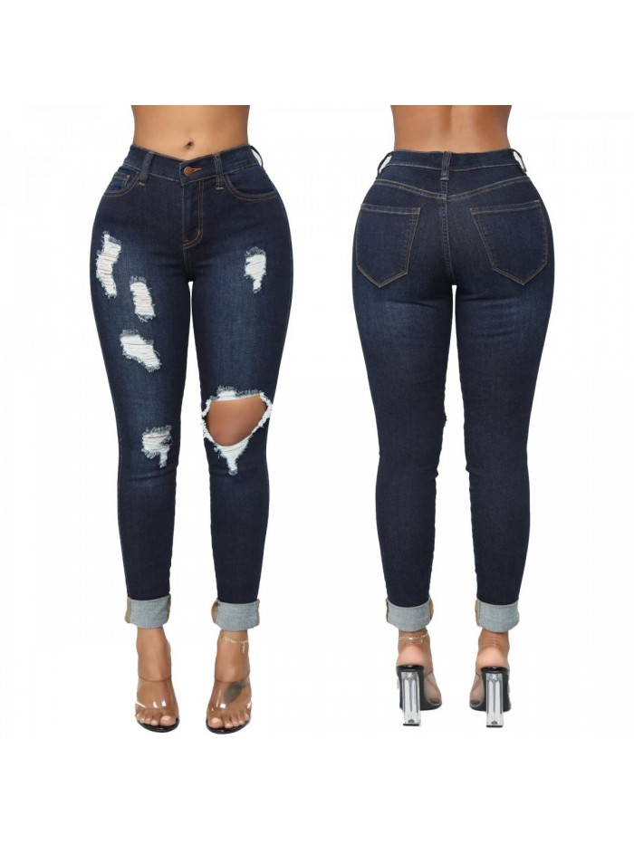 Women's Skinny Jeans Ripped Mid Rise Stretch Destroyed Denim Pants Jeans 