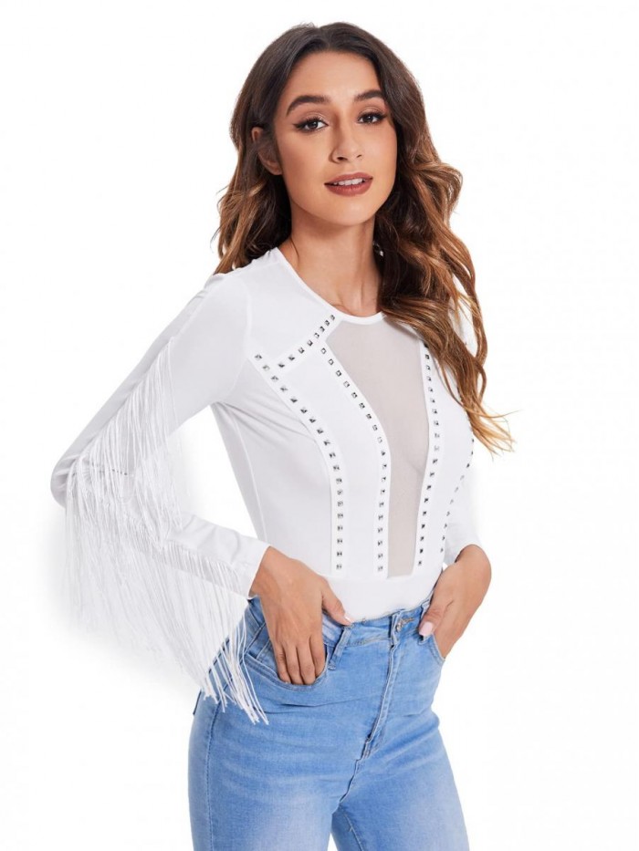 Women's Cold Shoulder Fringe Long Sleeve Sheer Mesh Jumpsuit Bodysuit 