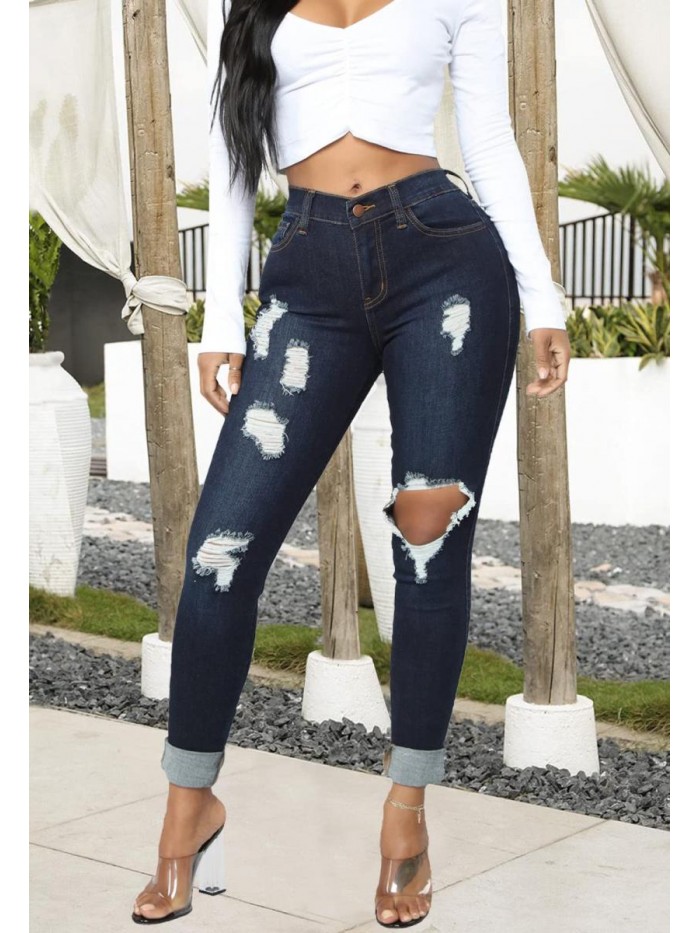 Women's Skinny Jeans Ripped Mid Rise Stretch Destroyed Denim Pants Jeans 