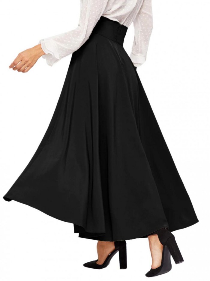 Women's Elegant High Waist Skirt Tie Front Pleated Maxi Skirts 