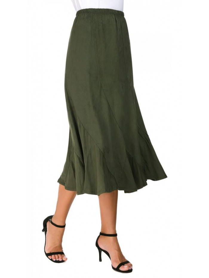 Women's Elegant Ankle Length Ruffle Hem Elastic Waist Midi Skirt 