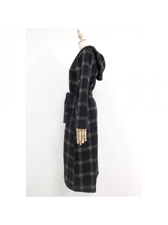 Elegant Wool Blend Belt Trench Coat Plaid Print Outwear Jacket Cardigan 