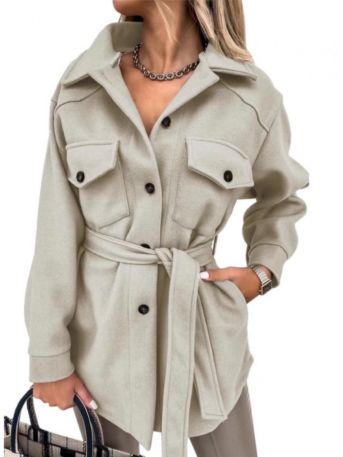 Womens Single Breasted Shacket Jacket Mid Length Trench Pea Coat Outwear 