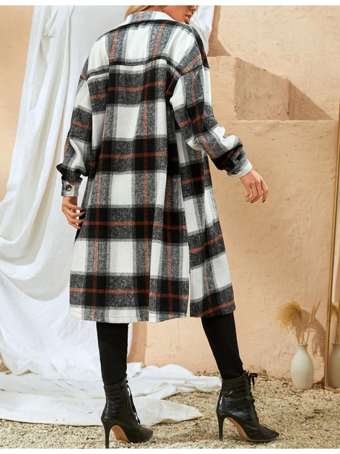 Women's Casual Plaid Wool Blend Shacket Button Shirt Long Jacket Coat 