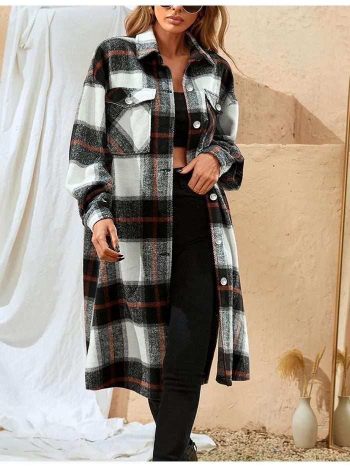 Women's Casual Plaid Wool Blend Shacket Button Shirt Long Jacket Coat 