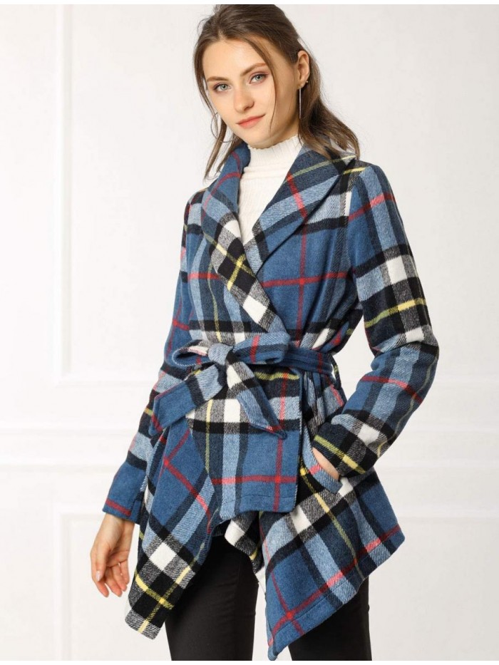 K Women's Turn Down Collar Asymmetric Hem Thin Plaids Wrap Coat 