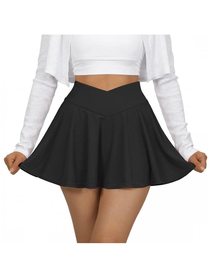 Womens Pleated Tennis Skirt Crossover High Waisted Mesh Golf Skorts 