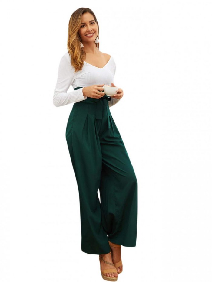 Women's Casual High Waist Belted Wide Leg Pants with Pocket 