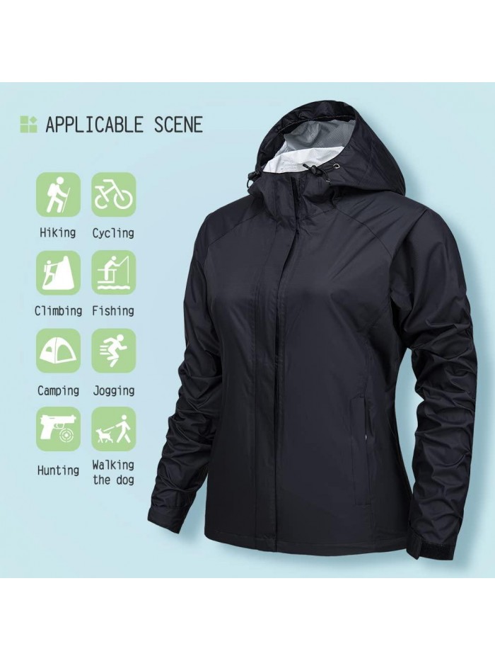 Womens Raincoat Lightweight Windbreaker Outdoor Waterproof Hooded Rain Jackets Black 