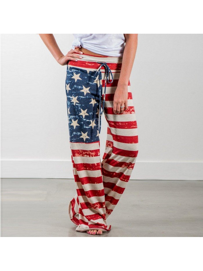 of July Women's American Flag Drawstring Wide Leg Pants Leggings 