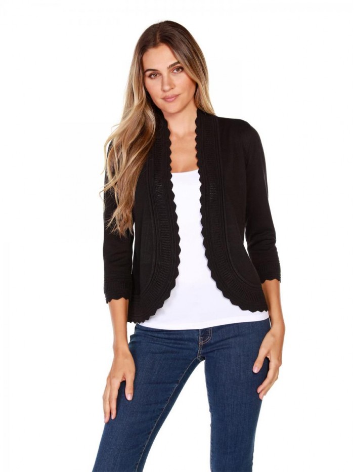 Lightweight Cardigan Shrug with 3/4 Sleeves and Scalloped Edging 