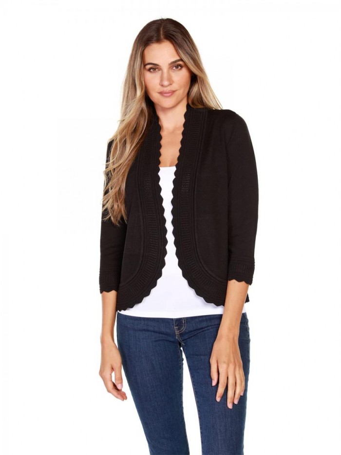 Lightweight Cardigan Shrug with 3/4 Sleeves and Scalloped Edging 