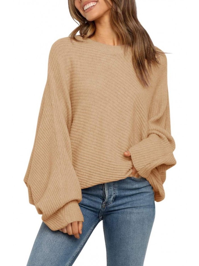 Women's Oversized Crewneck Sweater Batwing Puff Long Sleeve Cable Slouchy Pullover Jumper Tops 