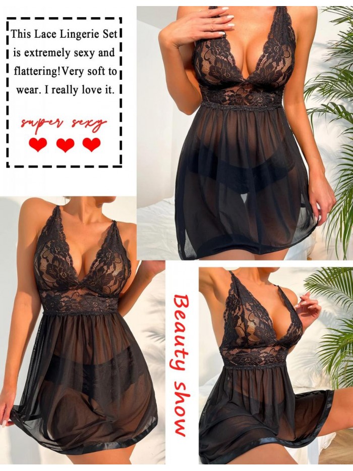 Women Lingerie Lace Babydoll Strap Chemise Halter Teddy V neck Sleepwear 