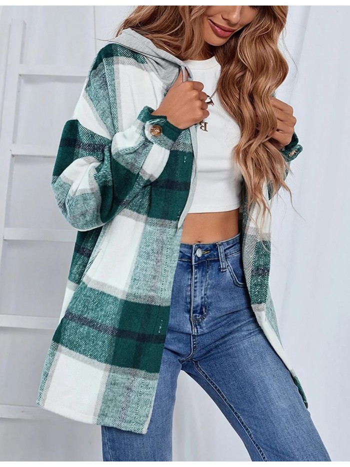 Womens Casual Plaid Hooded Shacket Flannel Jacket Button Down Shirt Hoodie 