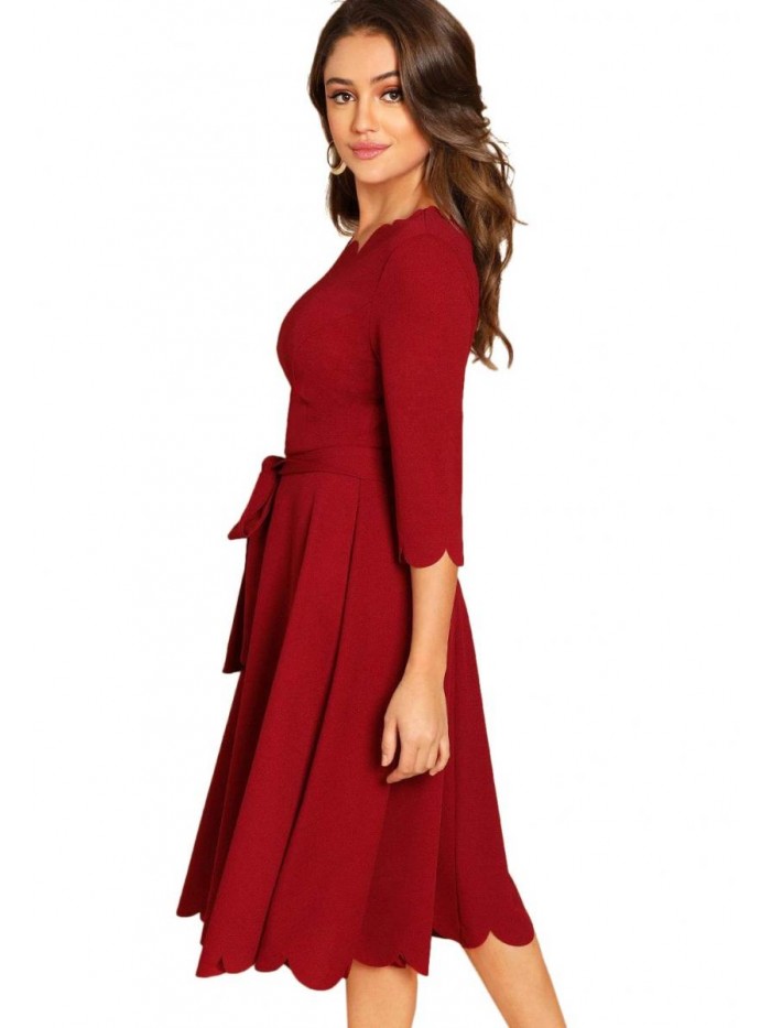 Women's Elegant Belted 3 4 Sleeve Fit Flare Cocktail Scallop Dress 