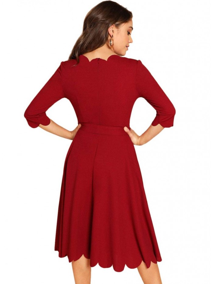 Women's Elegant Belted 3 4 Sleeve Fit Flare Cocktail Scallop Dress 