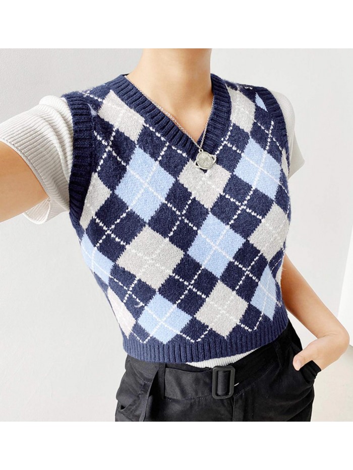 Sweater Vest Argyle Plaid Crop Sweaters Sleeveless Preppy Style Tank Tops 