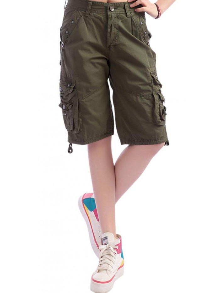 Women's Casual Loose Fit Multi-Pockets Twill Bermuda Cargo Shorts 