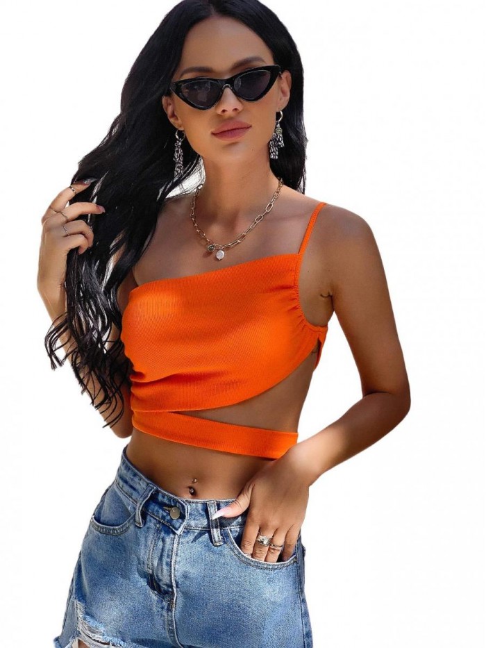 Women's One Shoulder Sleeveless Cut Out Ruched Bandage Crop Top 