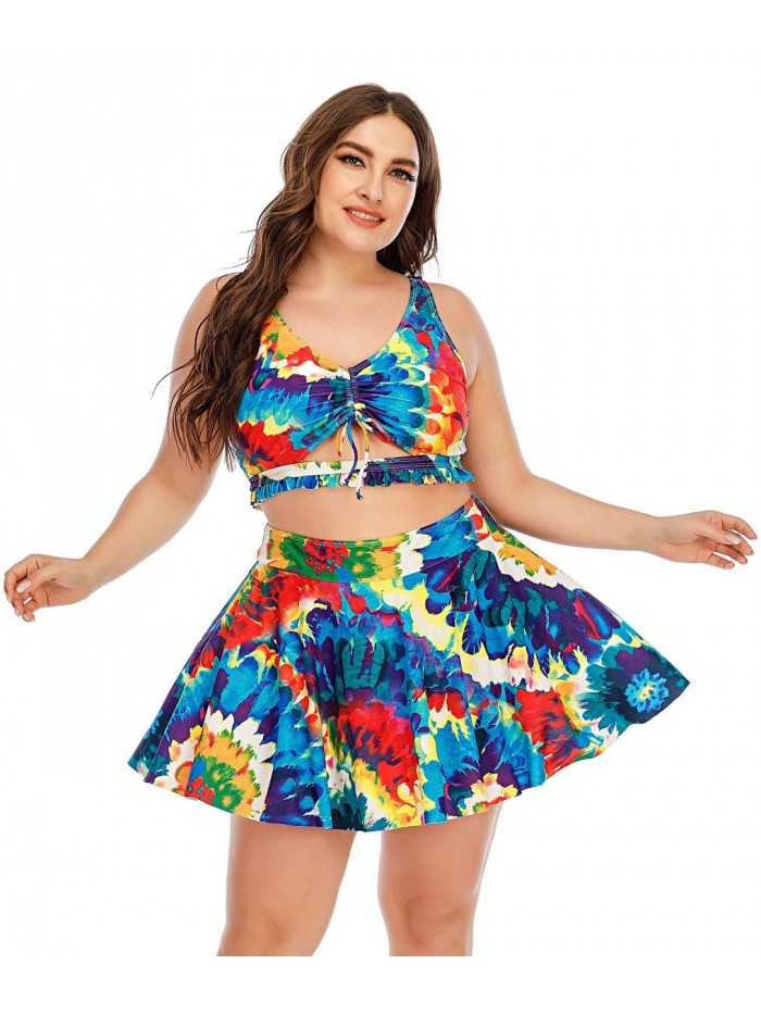 Women's Plus Size Strappy Tropical Leaf Cutout Swimdress Swimsuit 