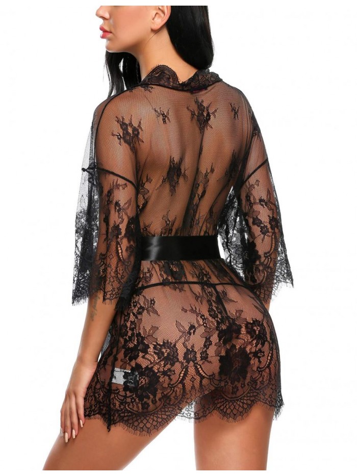 Women's Lace Kimono Robe Babydoll Lingerie Mesh Nightgown S-5XL 