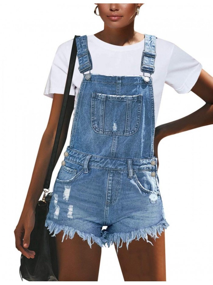 Women's Classic Adjustable Straps Cuffed Hem Denim Bib Overalls Shorts 