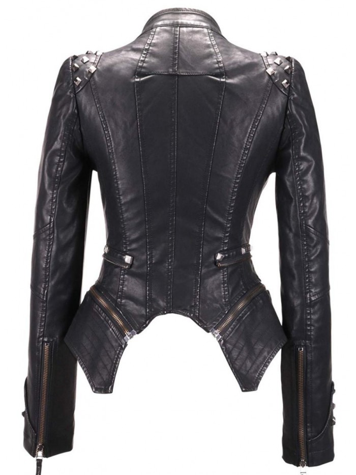 Women's Fashion Studded Perfectly Shaping Faux Leather Biker Jacket 