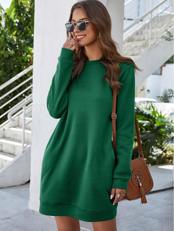 Women's Casual Solid Long Sleeve Crew Neck Pocketed Tunic Sweatshirt Dress 