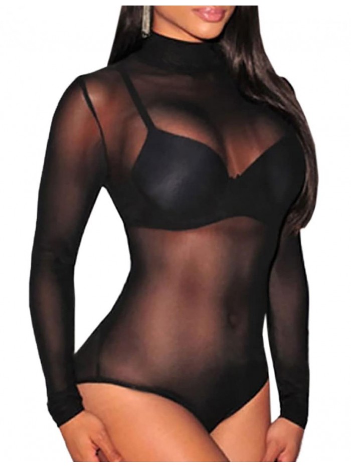 Women's Sheer Mesh Turtleneck Neck See Through Leotard Bodysuit Body Tops 