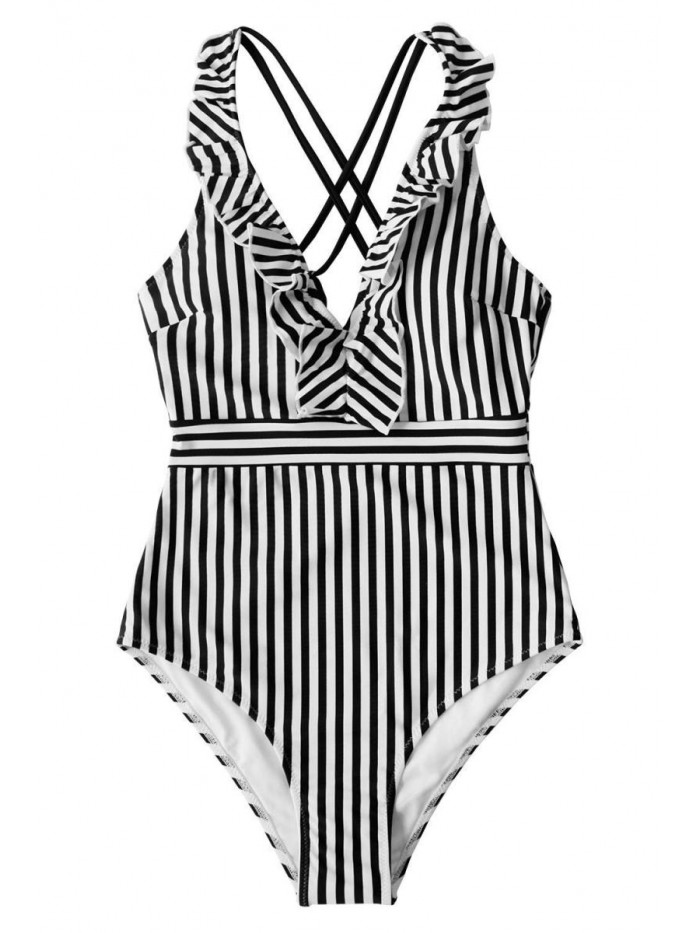 Women's V Neck One Piece Swimsuit Ruffled Back Cross Swimwear 