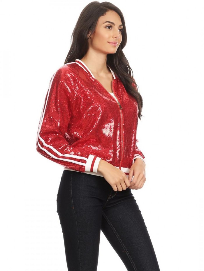 Womens Long Sleeve Front Zip Track Stripe Sequin Bomber Jacket 