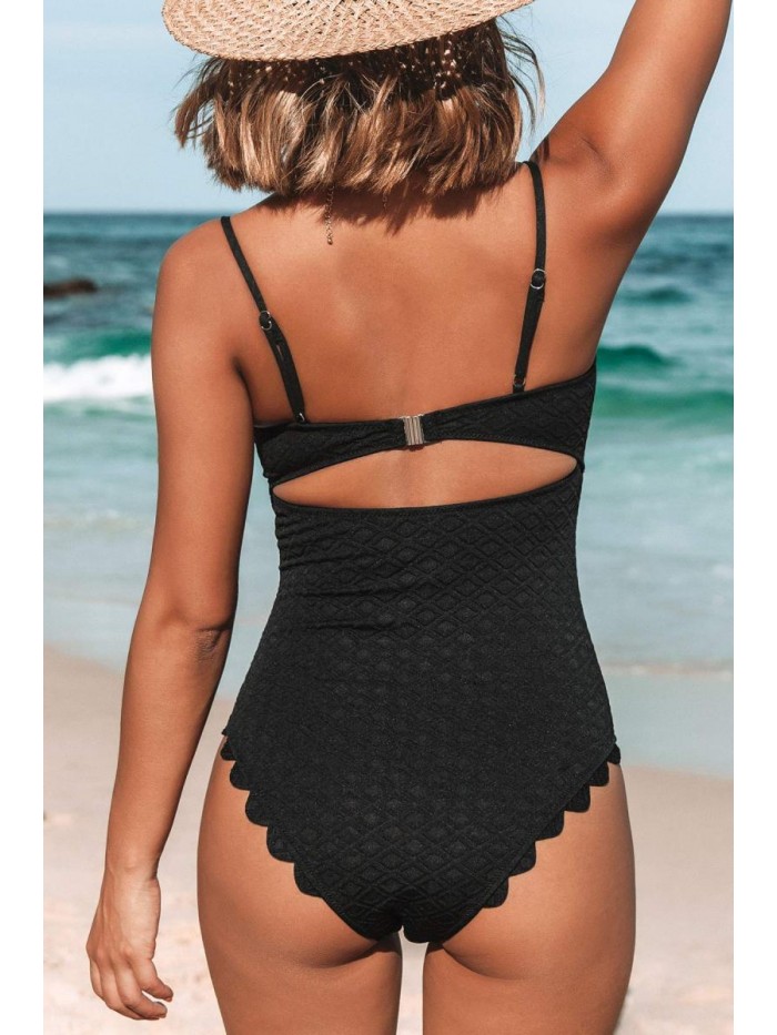 Women's One Piece Swimsuit Sexy Black Cutout Scallop Trim Bathing Suit 