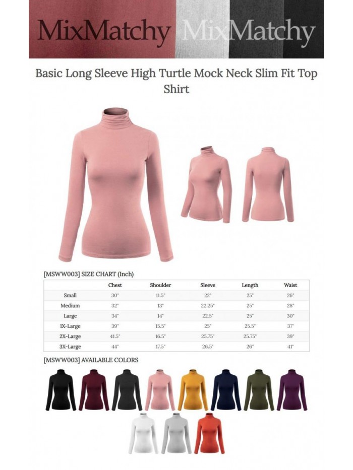 MixMatchy Women's Tight Fit Lightweight Solid/Stripe Long Sleeves Turtle Neck Top