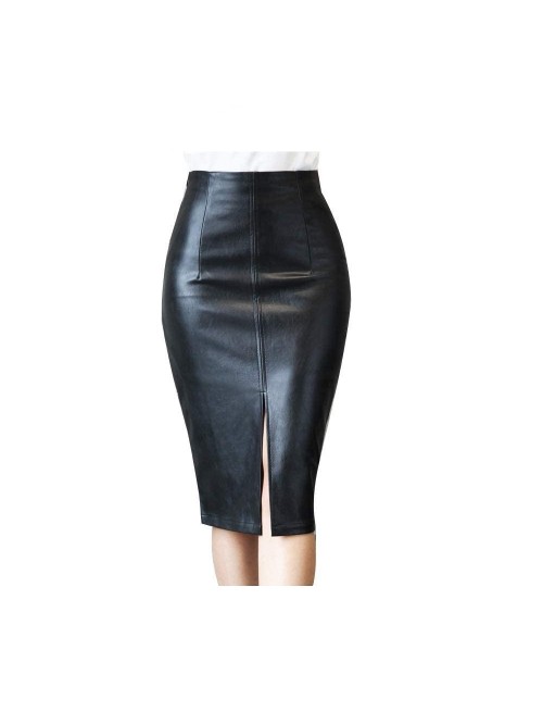 Faux Leather Skirt High Waisted Stretch Split Midi...