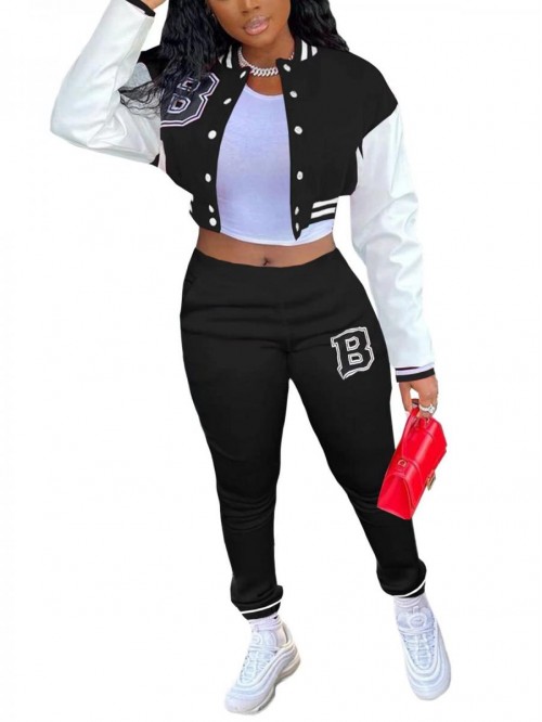 Sweatsuits 2 Piece Letter Print Color Block Long S...