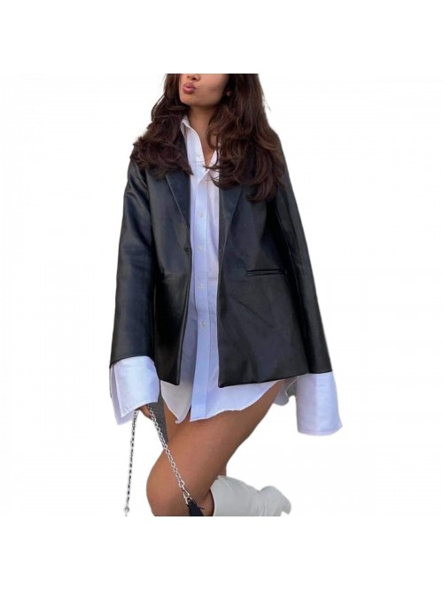 Faux Leather Jacket Shacket Long Sleeve Button Lap...